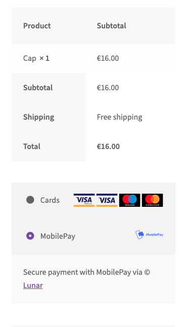 Checkout screen for MobilePay