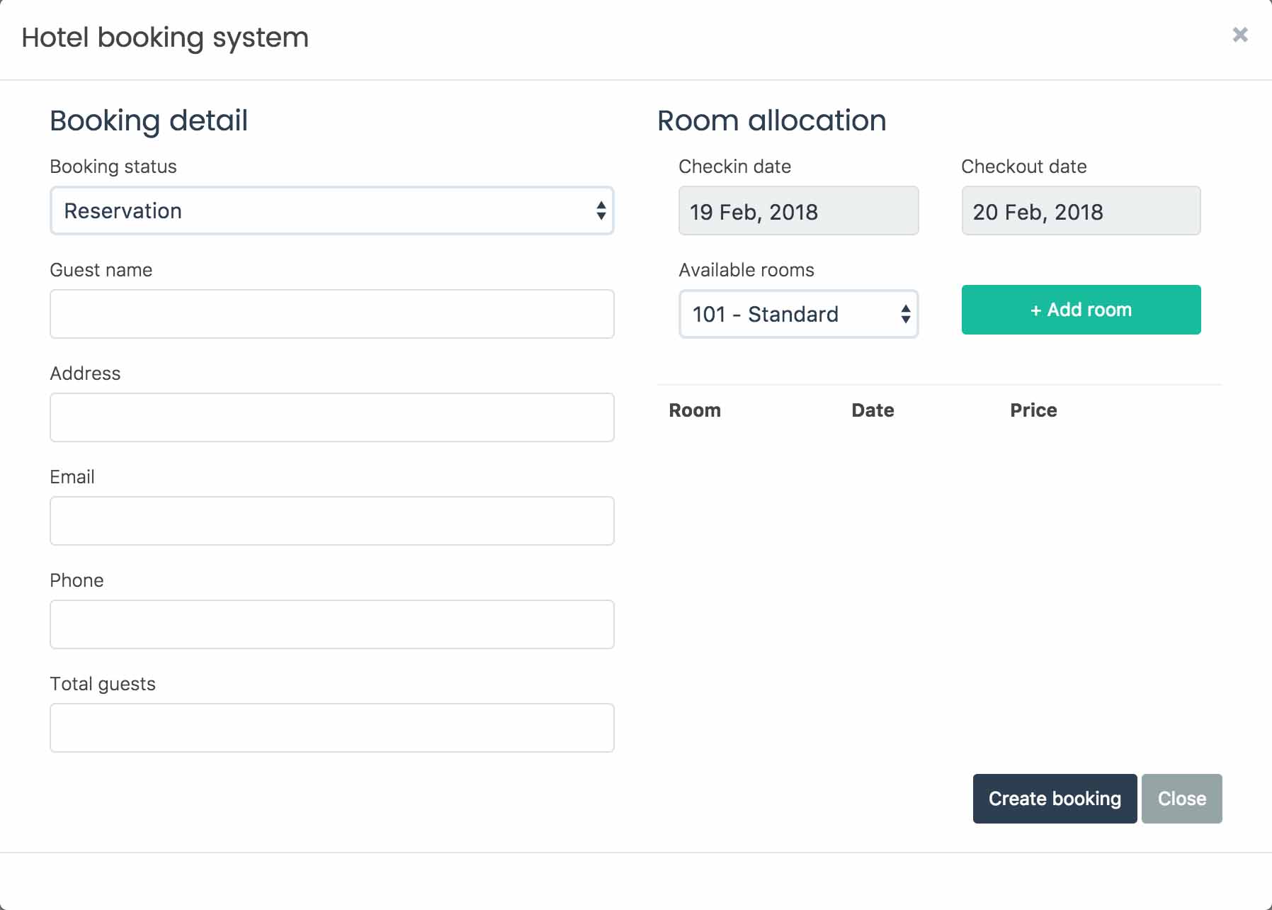 Booking form room selector
