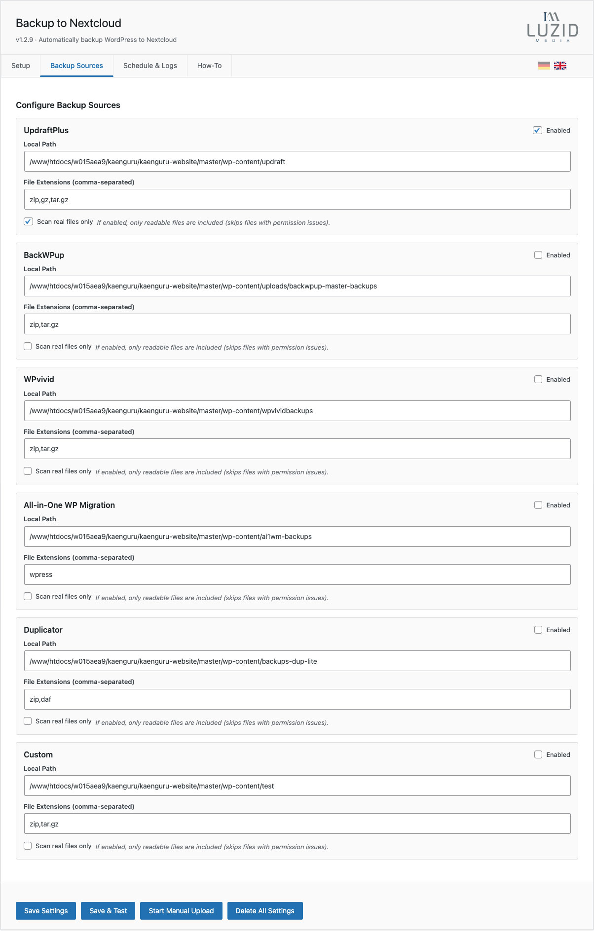 Backup Sources: See which backup plugin folders/files were found and what will be uploaded.