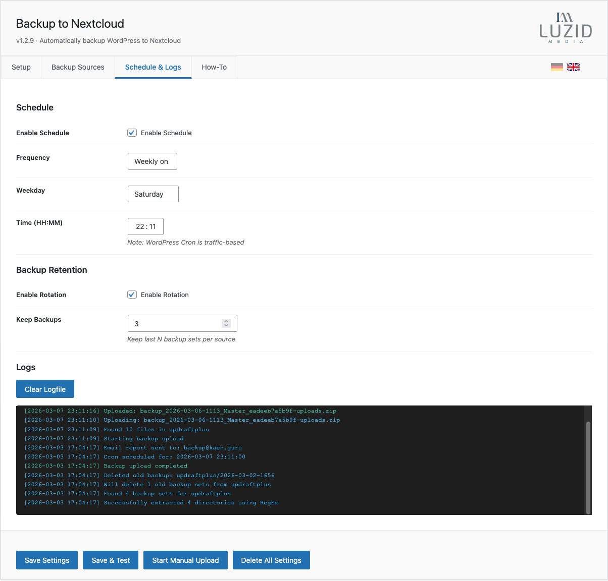 Logs / Status: Review upload results, last run, and any errors.