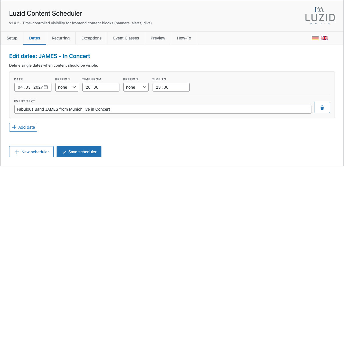 Dates tab: Add single dates or date ranges with times and event text.