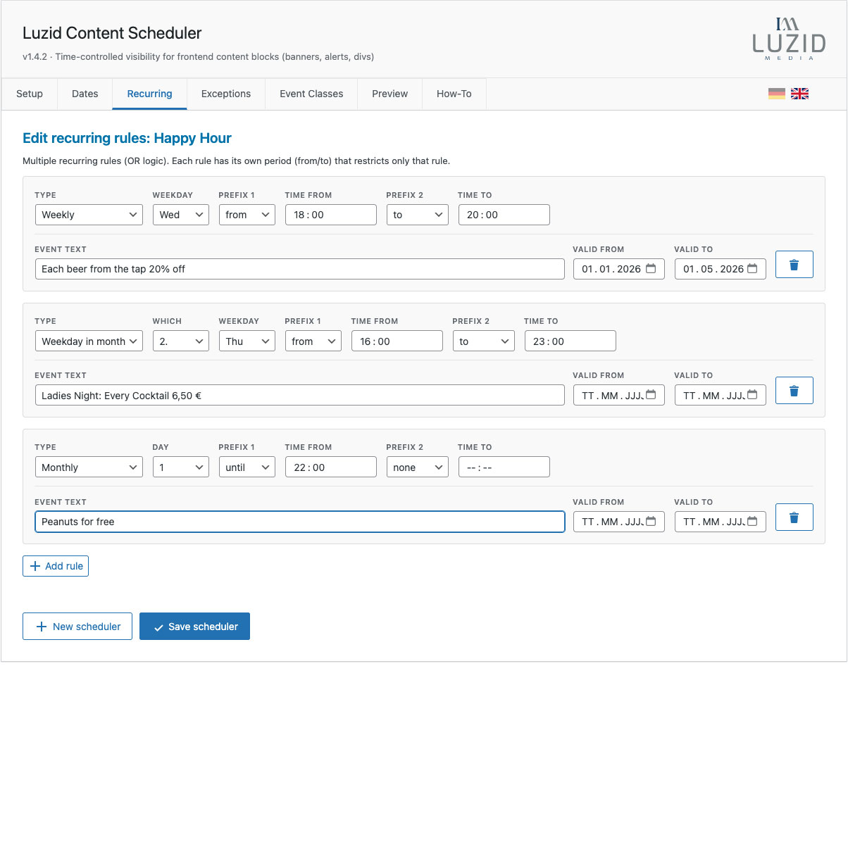 Recurring tab: Define weekly, monthly, or yearly patterns.