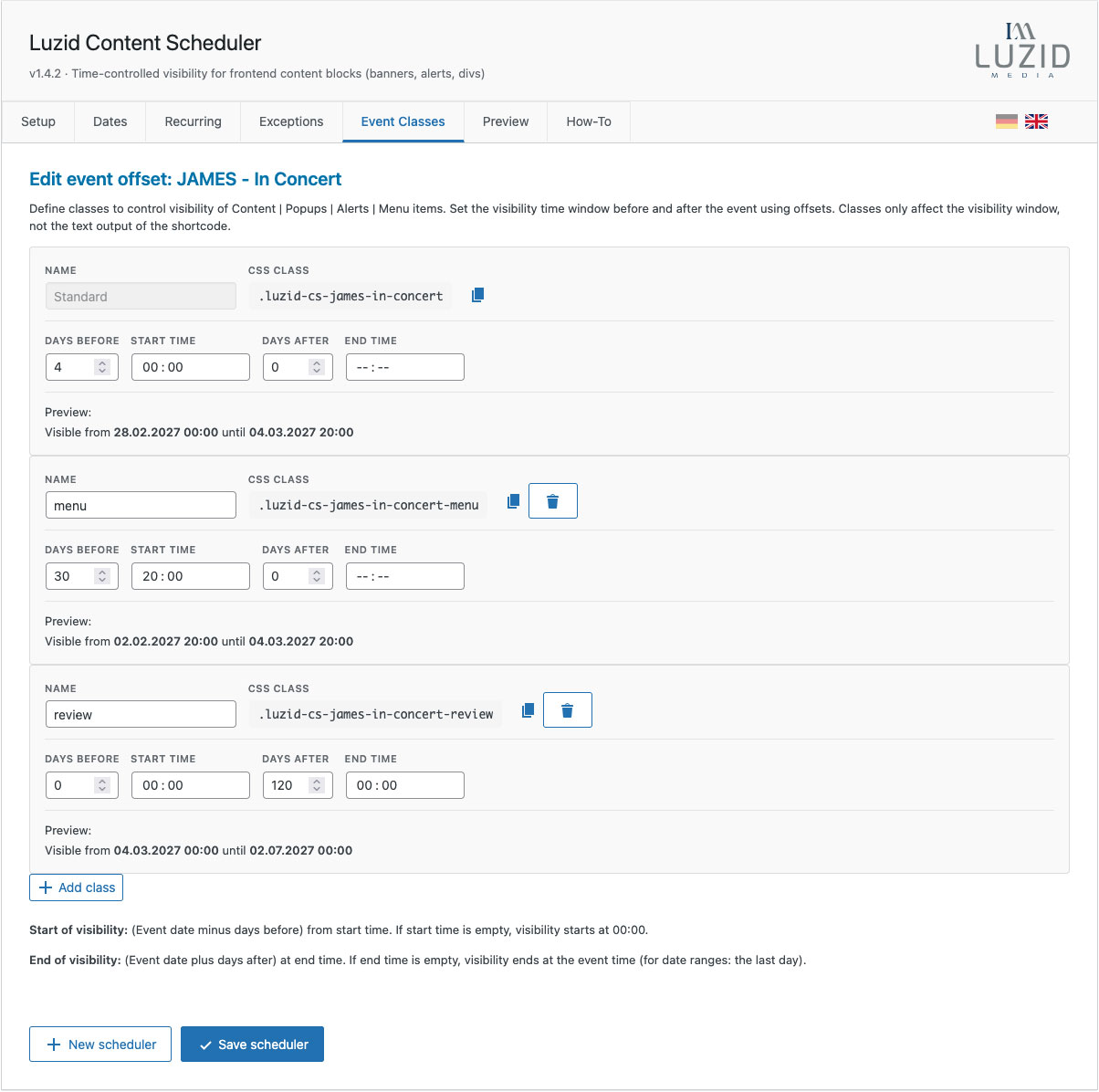 Exceptions tab: Block specific dates from showing content.