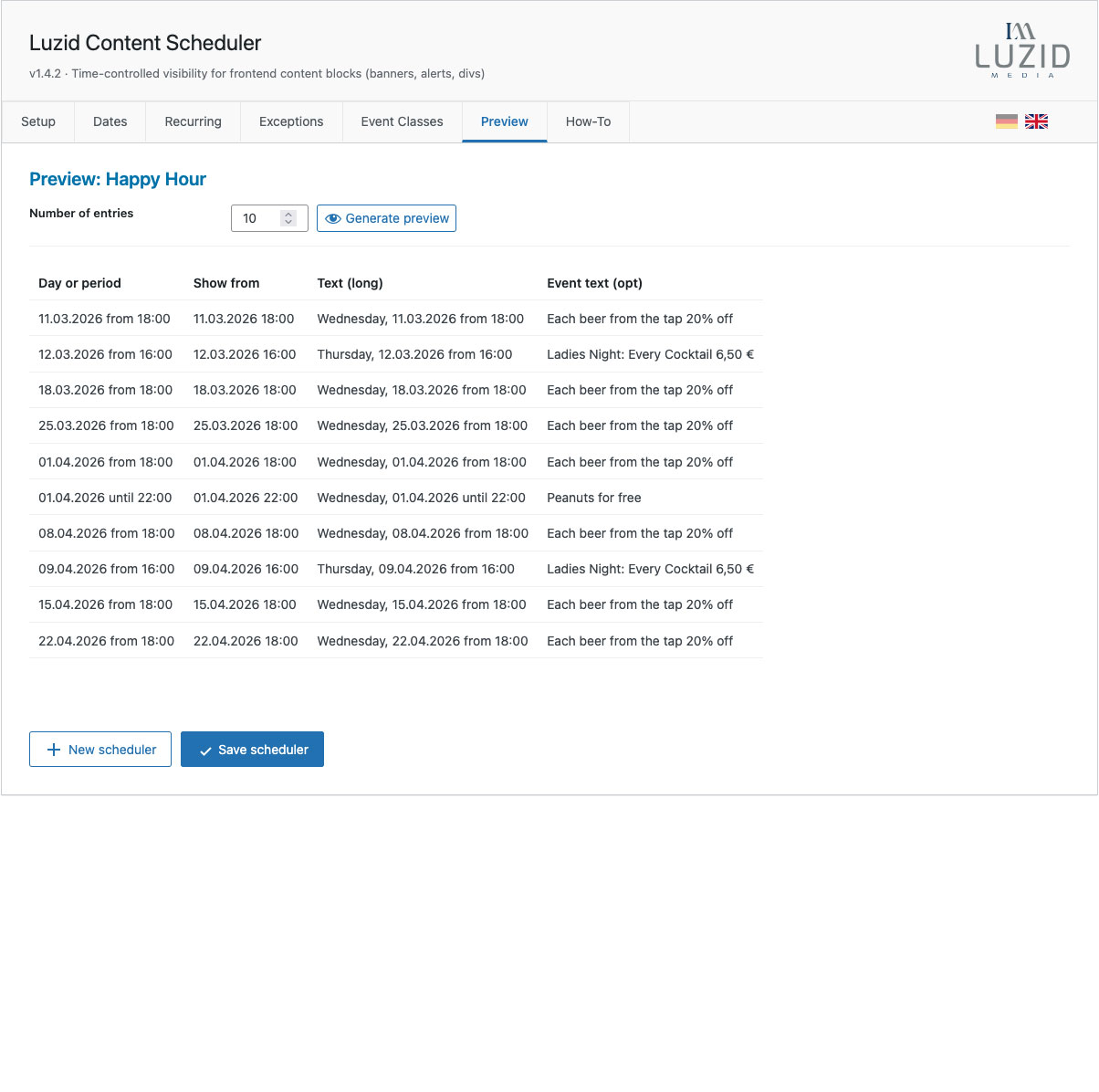 Event Classes tab: Create multiple CSS classes with independent visibility windows.