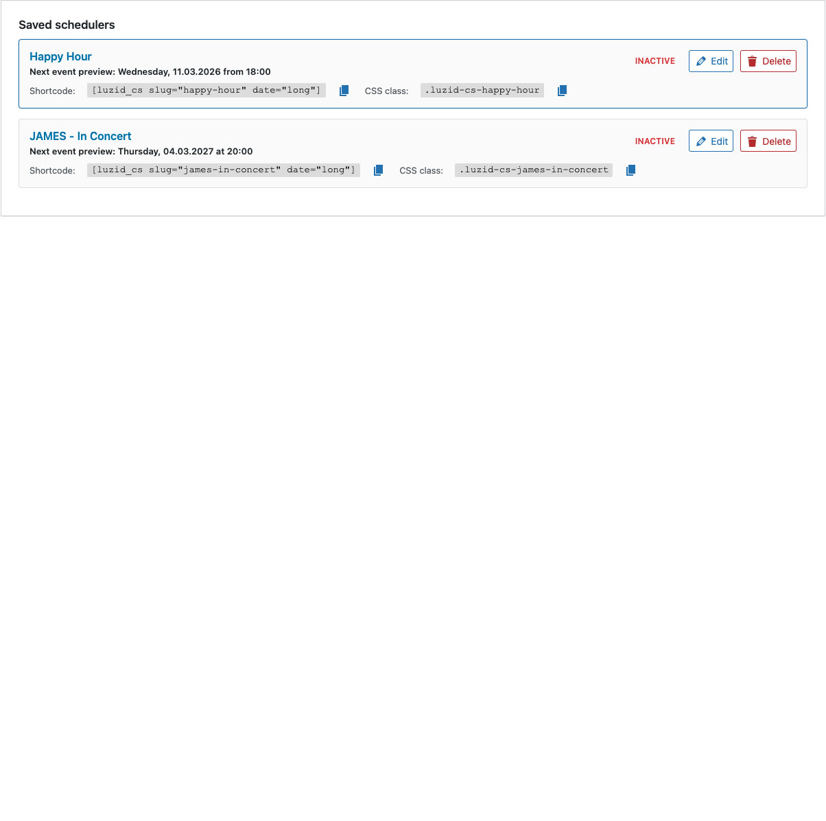 Preview tab: See all upcoming events at a glance.