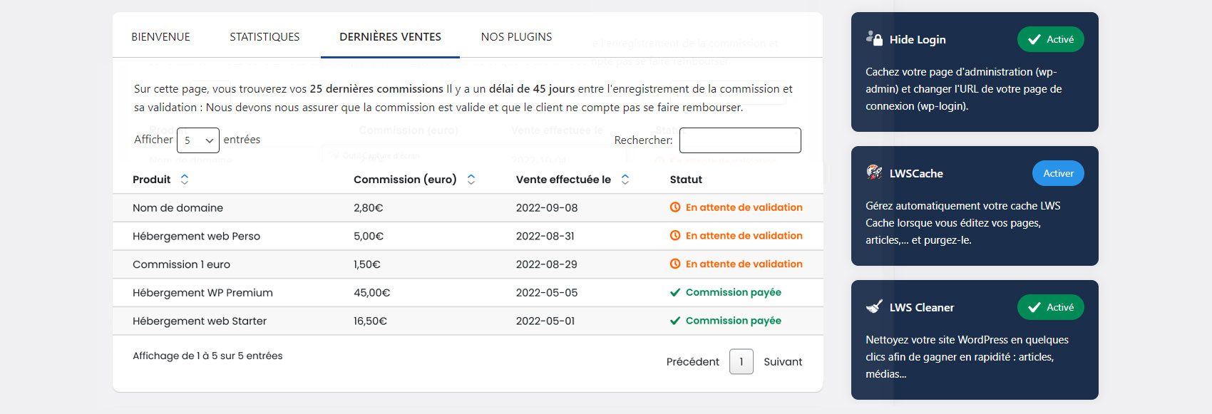 Last sales made on LWS.fr via your banner or widget