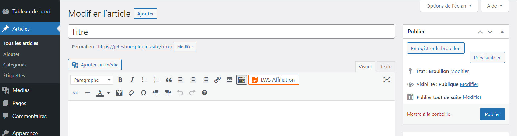 LWS Affiliate button in the classic WordPress editor