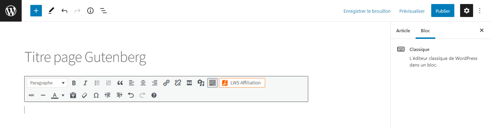 LWS Affiliate button in the WordPress Gutenberg editor