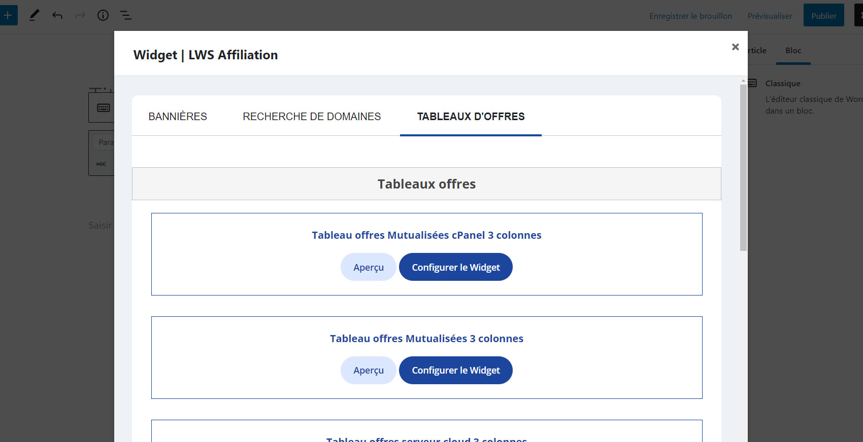 Add LWS Offer Tables Widget