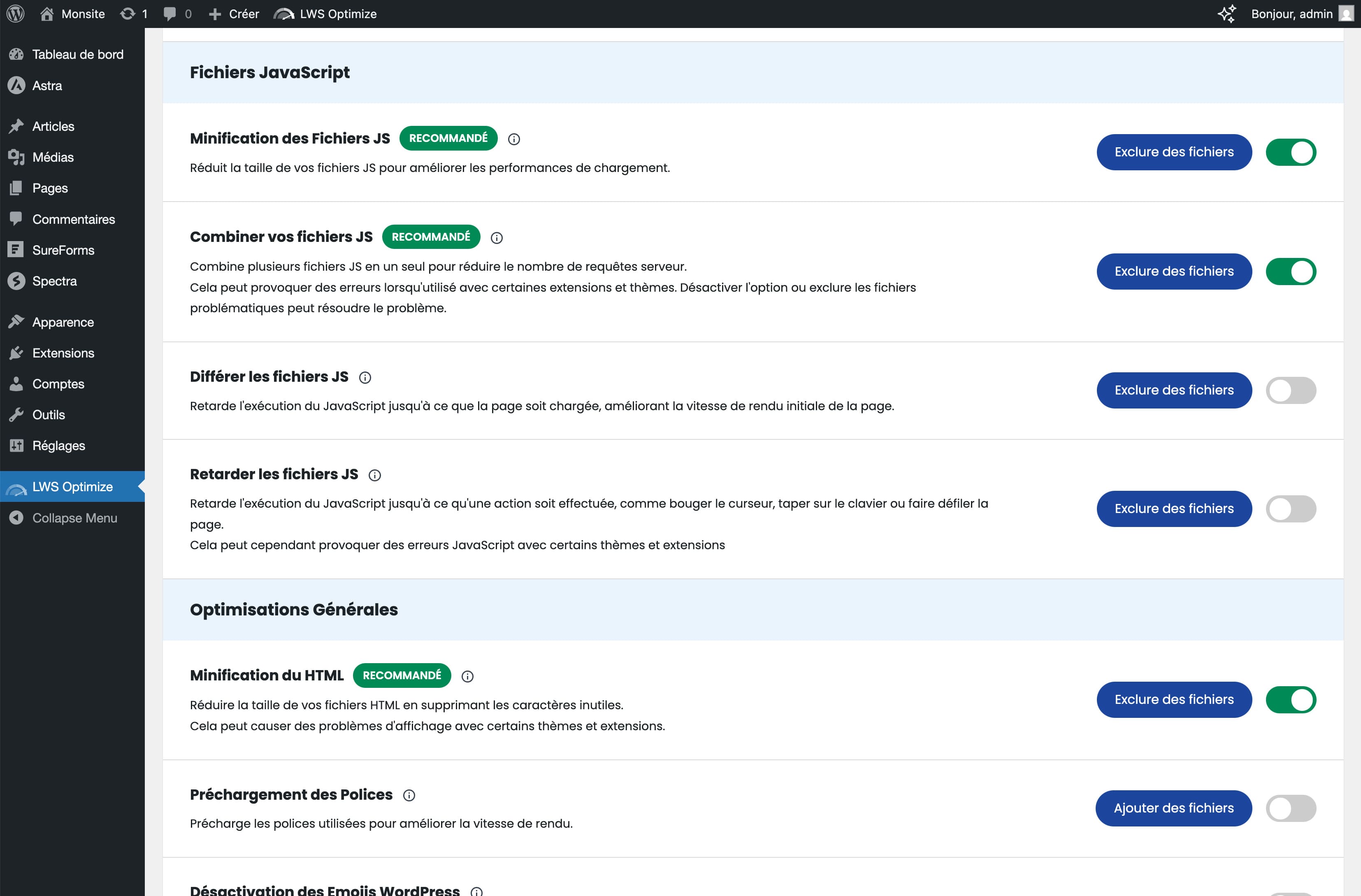 Front-end optimization settings for CSS/JS/HTML