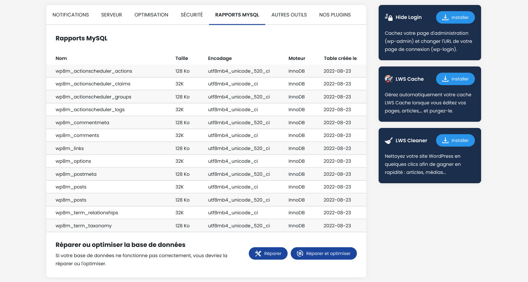 Rapport MySQL, réparation et optimisation de base de données