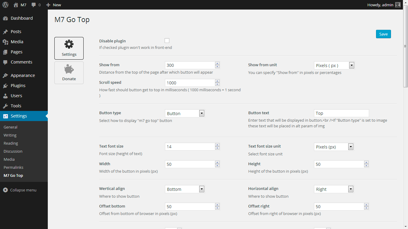 Settings page