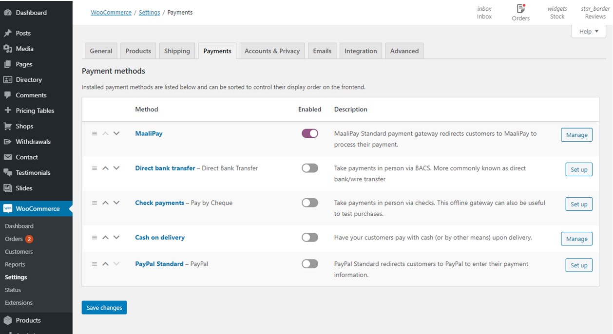 WooCommerce payments settings page