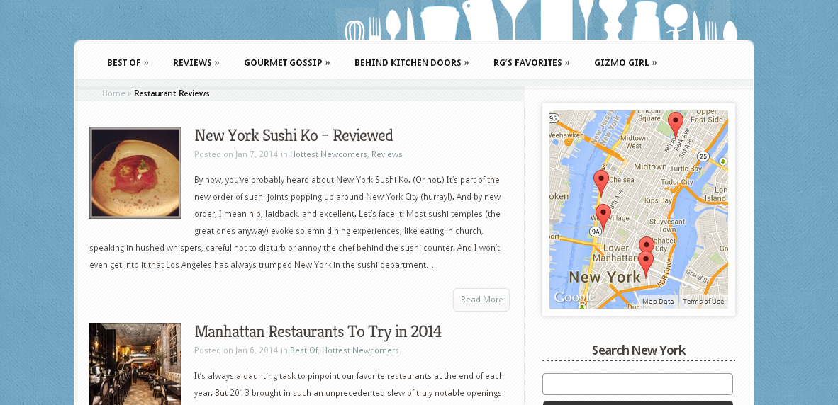 Snapshot of [Restaurant Girl](http://www.restaurantgirl.com/reviews/ "New York Restaurant Reviews") with auto map display from archive posts.