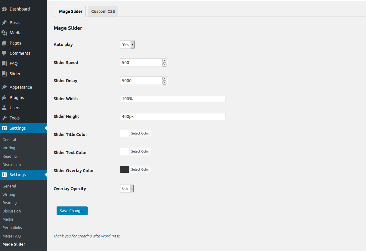 Mage Slider Admin Setting Page.