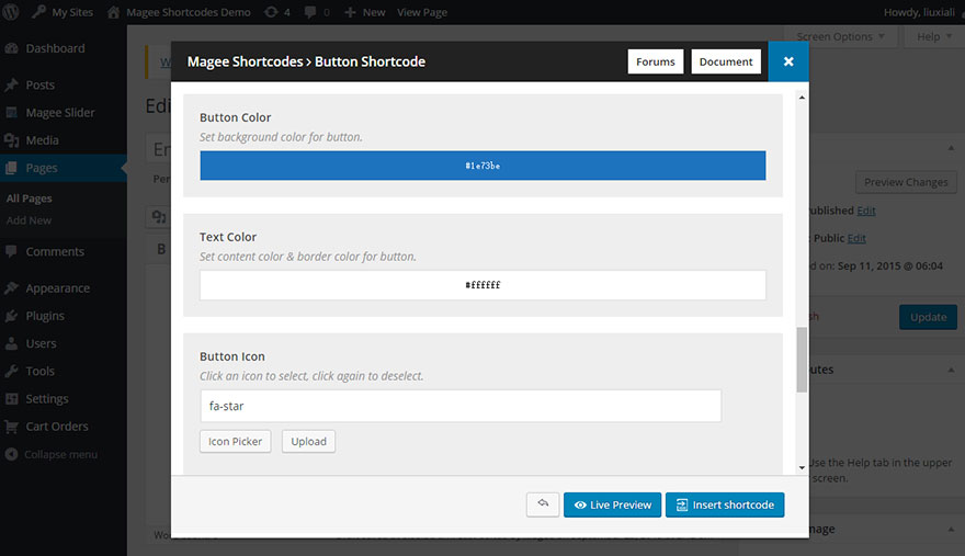 Magee Shortcodes generator form.