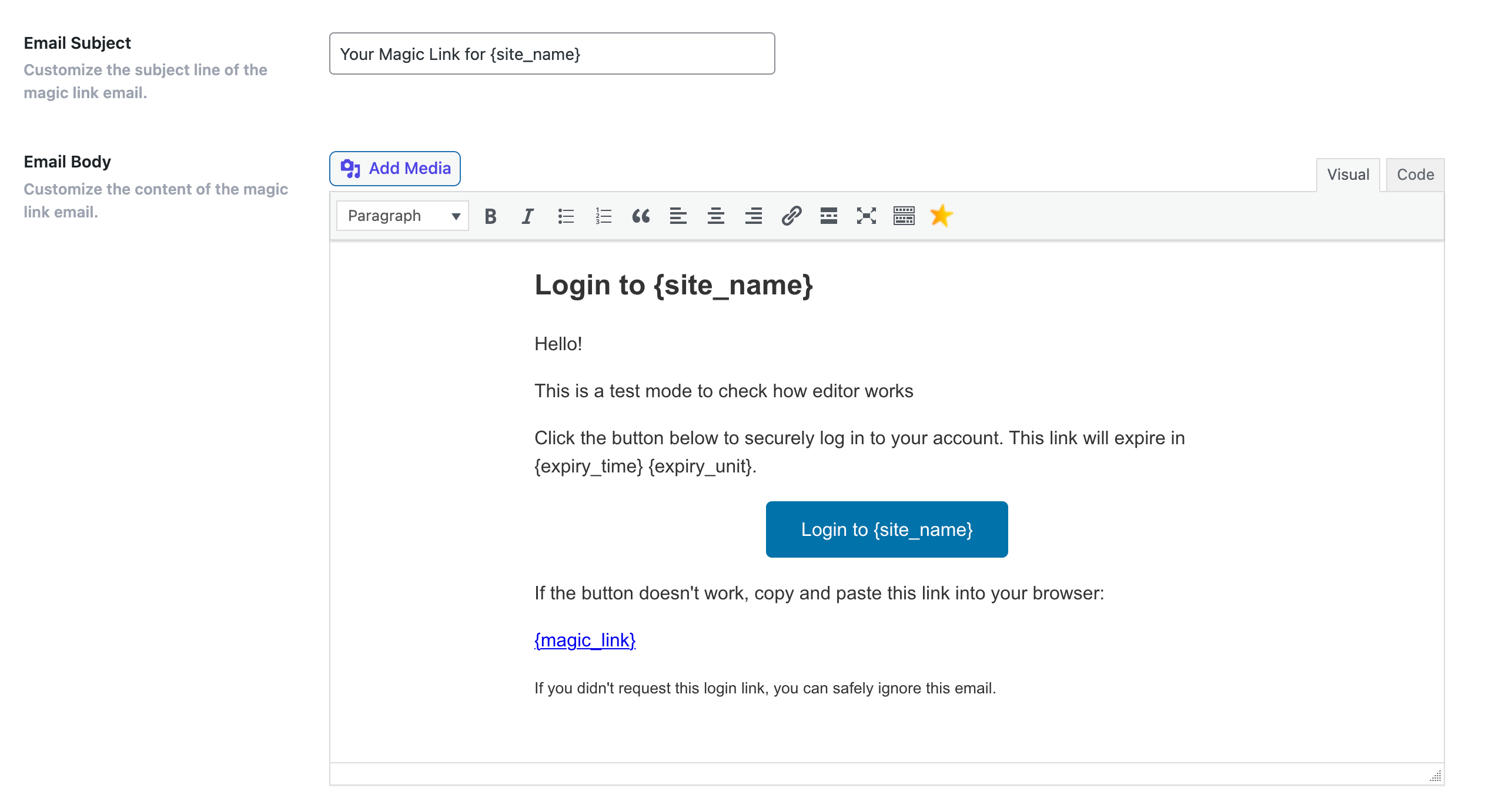 Customise Magic Link Email Subject & Message **PRO**