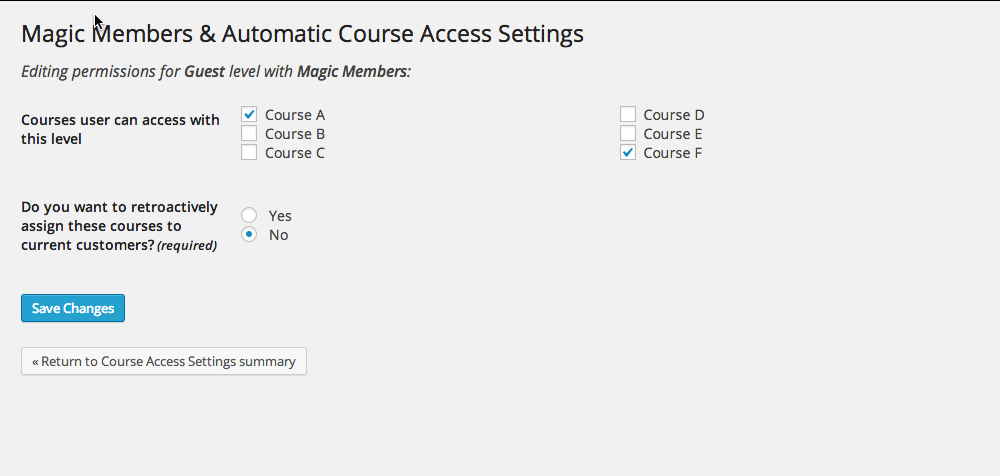 This is the screen where specific courses are selected to be associated with the membership level. The retroactive function will enroll students to courses that were recently associated to the membership level.