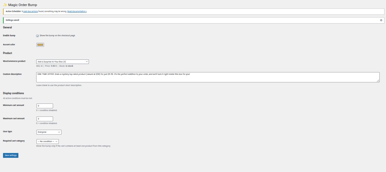 The plugin settings page under WooCommerce → Magic Order Bump.