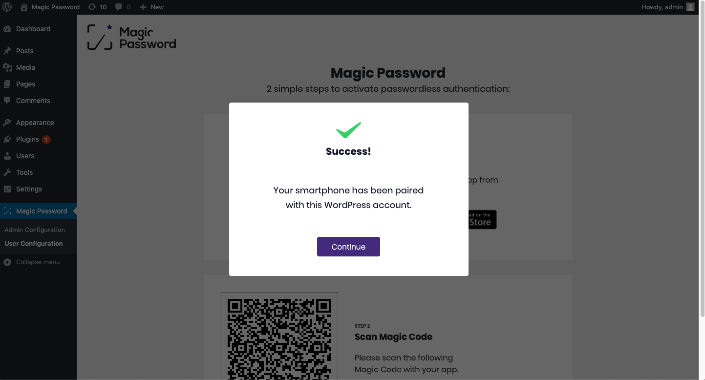 The application has been paired with WordPress account.