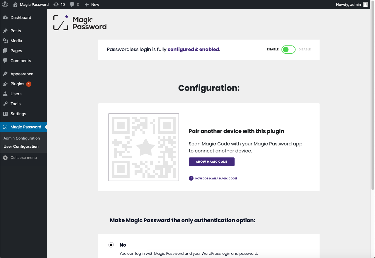Login via Magic Password is configured.