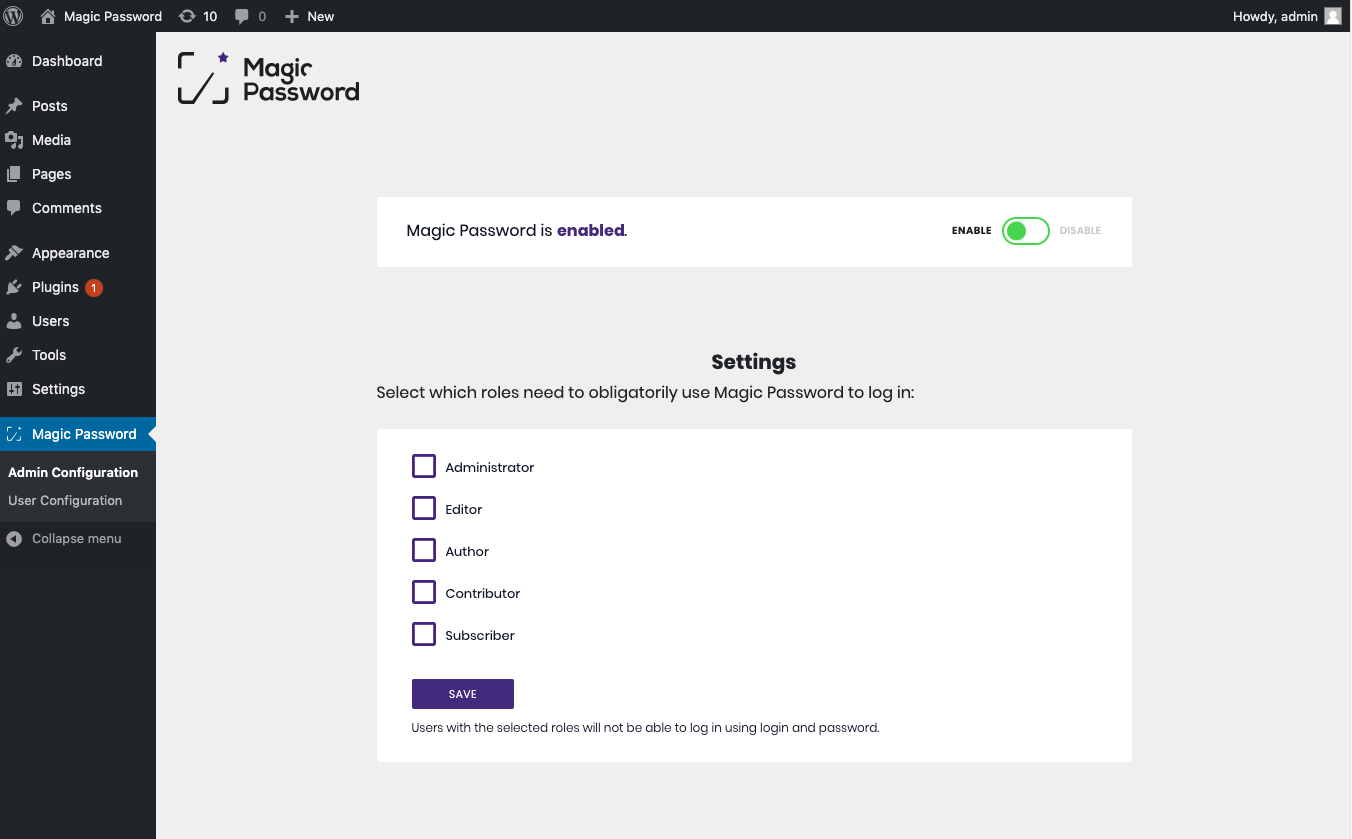Login via Magic Password can be set as obligatory for specific roles.