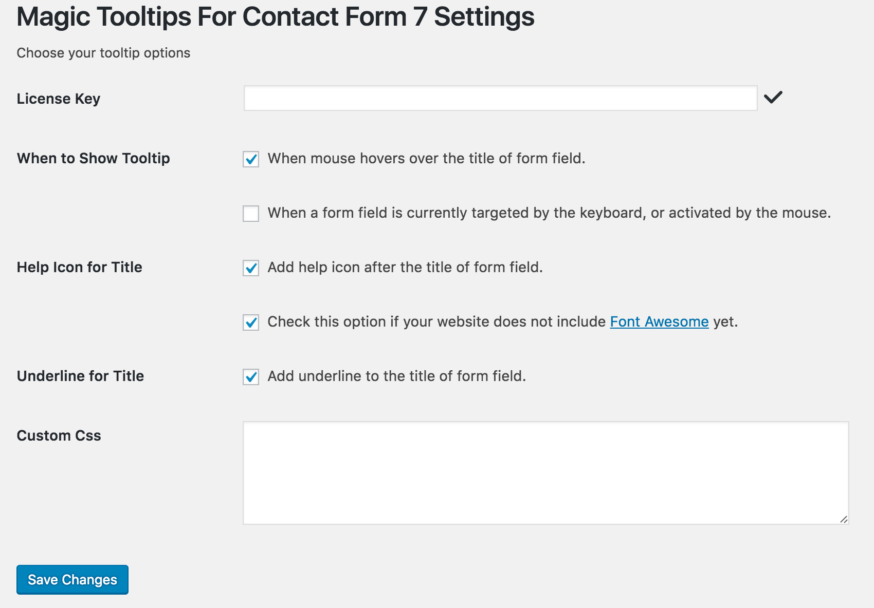 A view of the plugin settings page.
