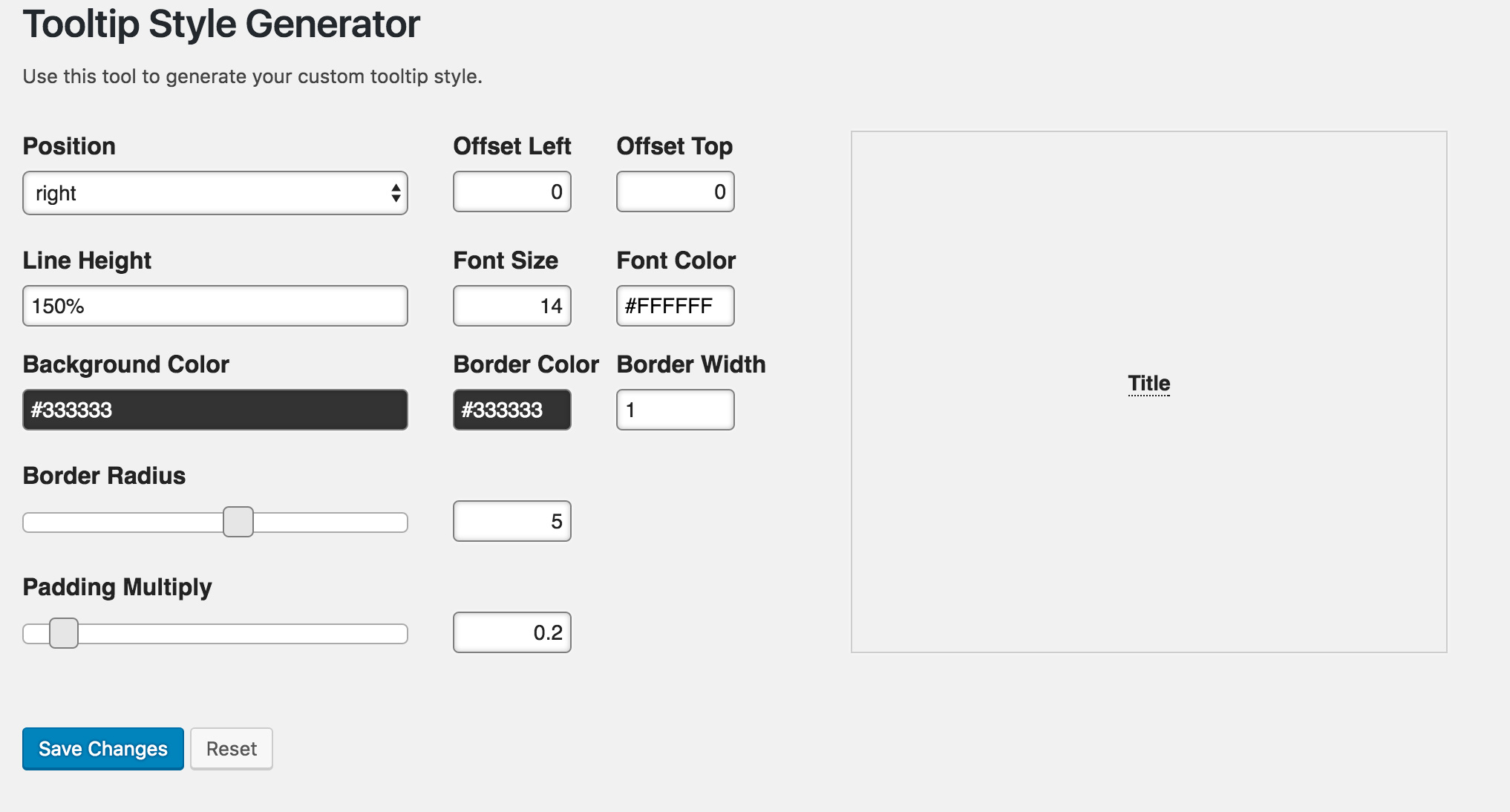 A view of the tooltip Style Generator.