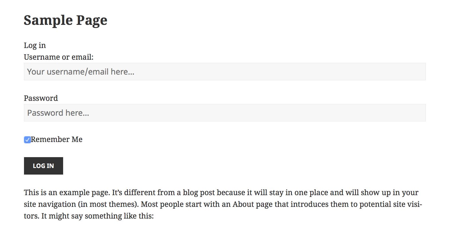 A sample of magical login form in the "Twenty Fifteen" default WordPress theme.