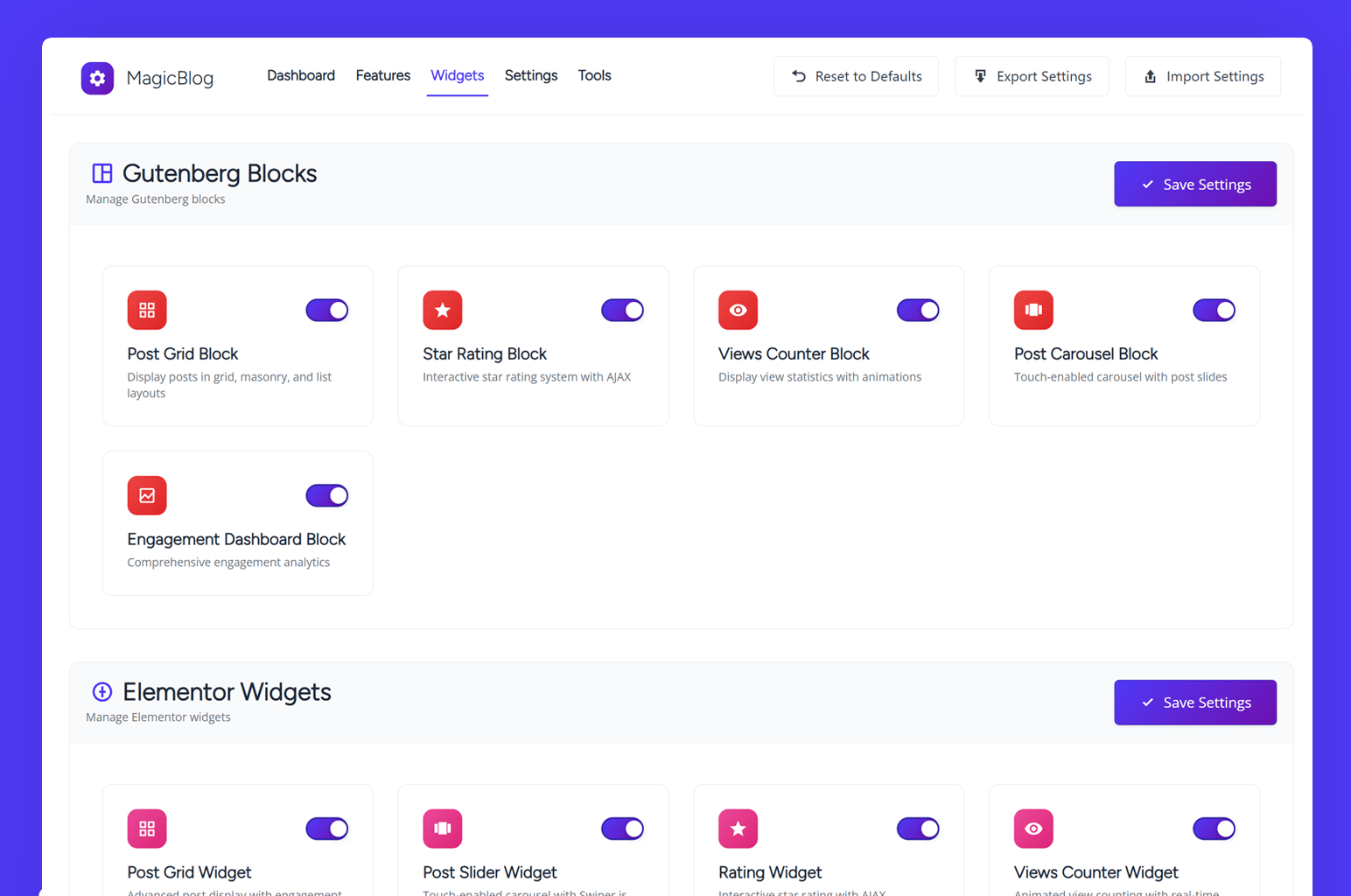 **Widgets & Blocks** - Activate ort Deactivate individual widgets & blcoks.