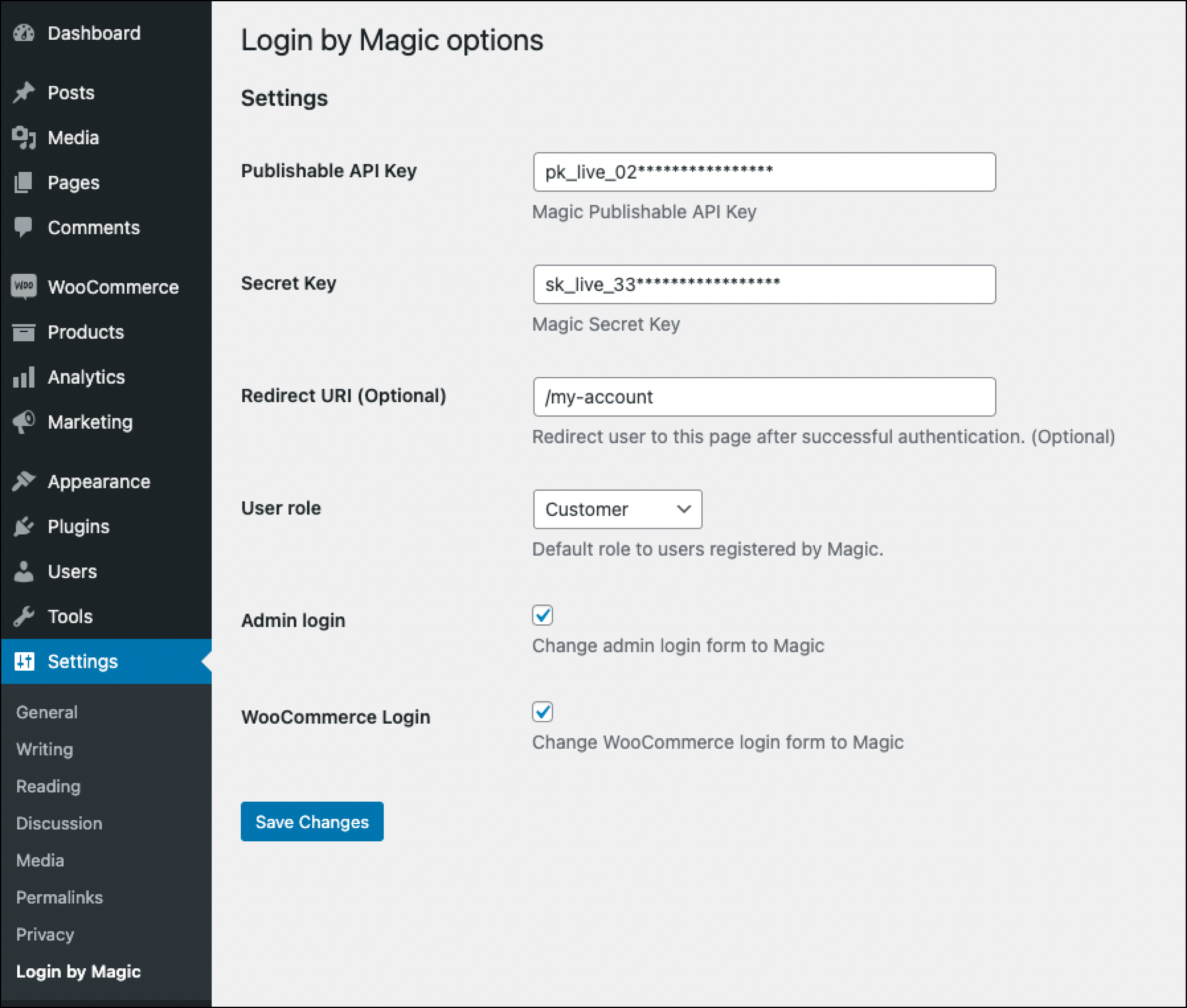 Login by Magic options page (WooCommerce)