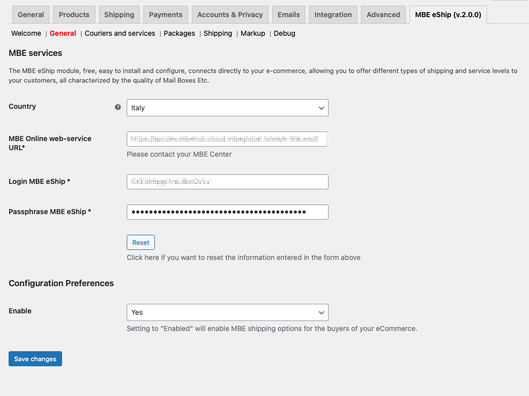 Packages settings page
