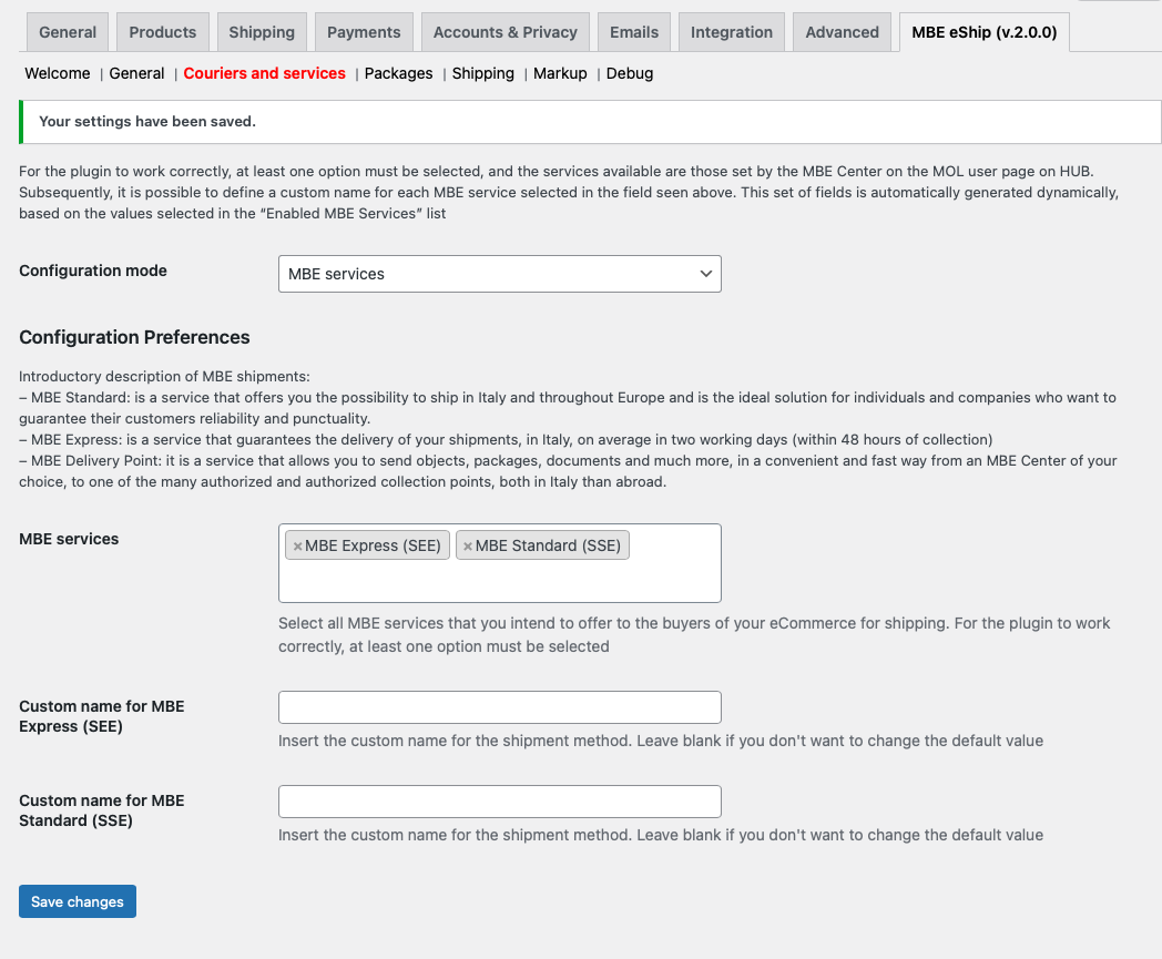 Shipping settings page
