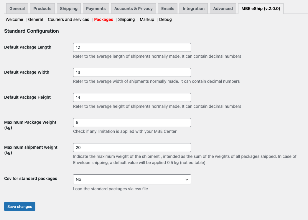 Markup settings page