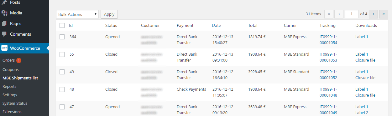 Result of bulk actions in shipments list