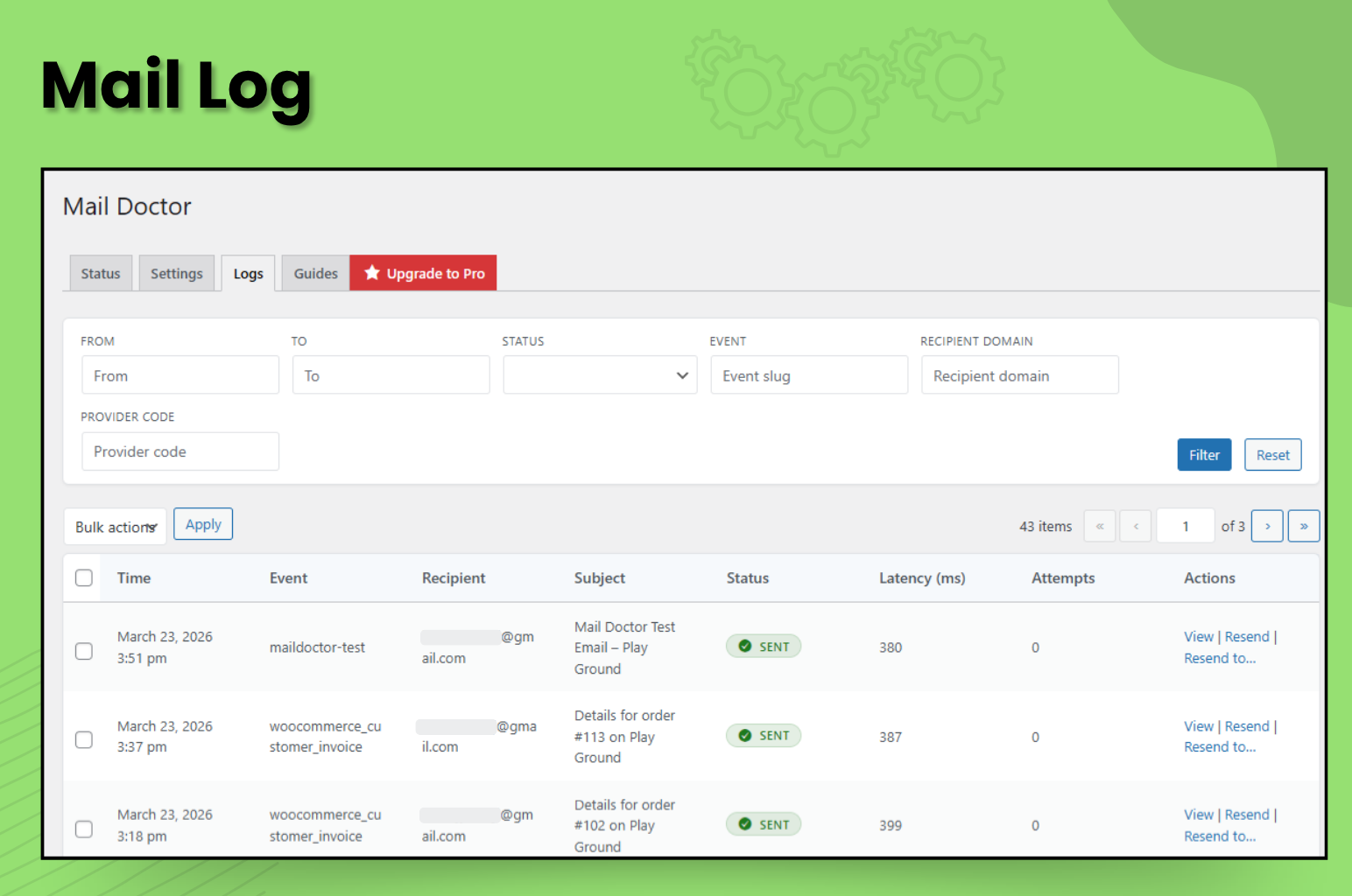 Mail Log: Email log viewer with filtering and retry controls.