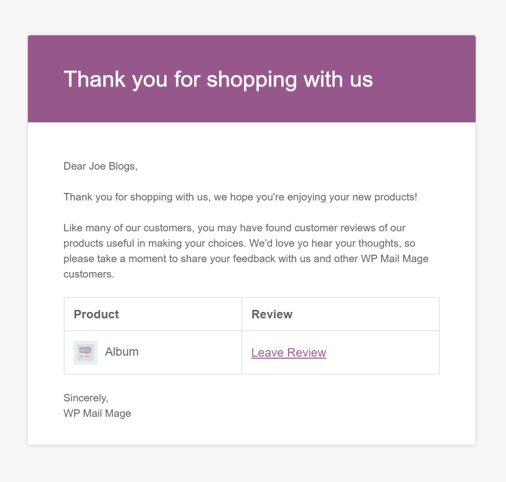 WooCommerce Product Review Reminder email
