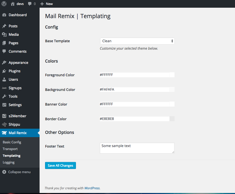 Mail Remix Templating Admin Page