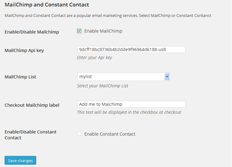MailChimp options screen.