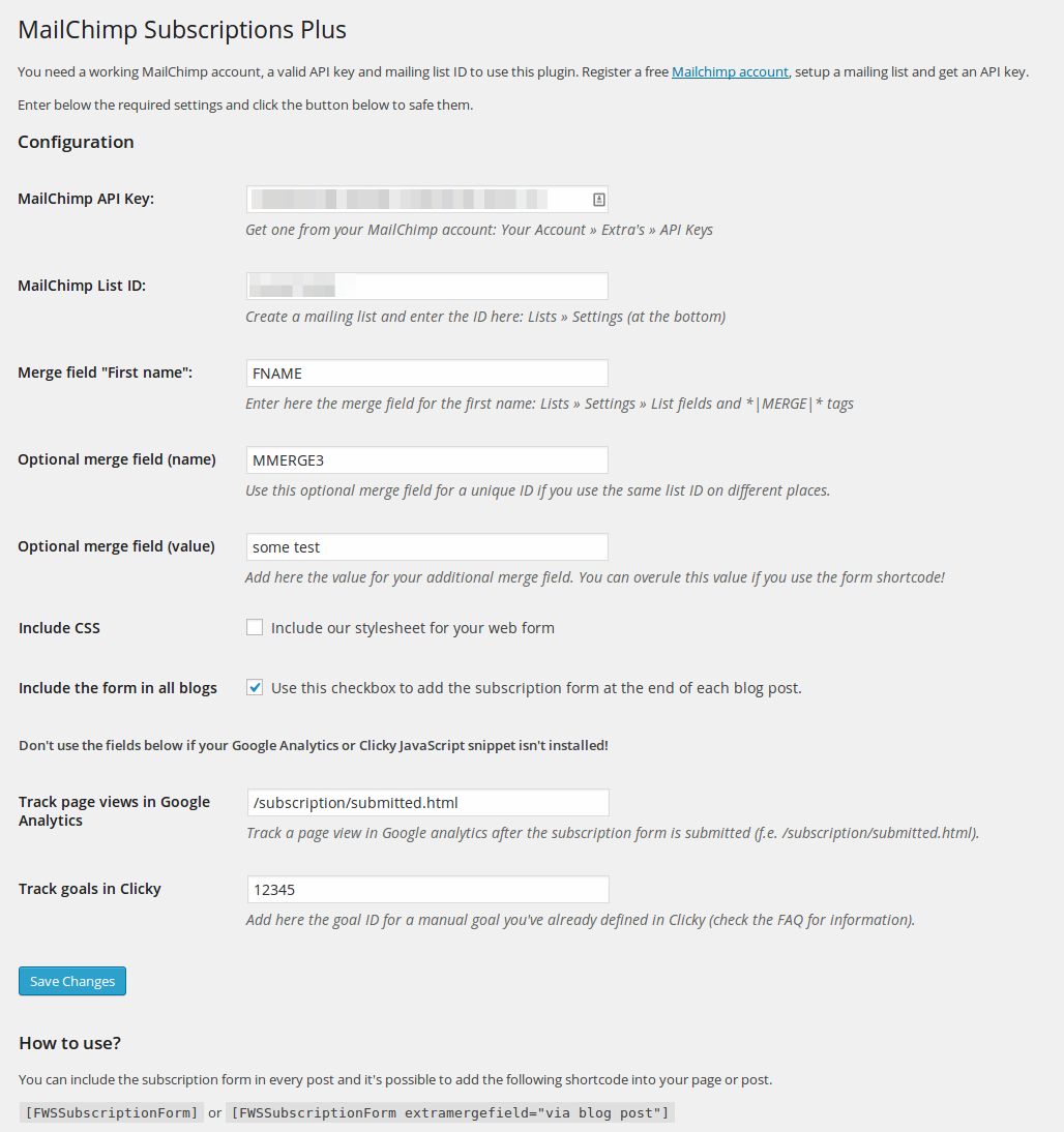 Settings for the *MailChimp Subscription Plus* plugin.