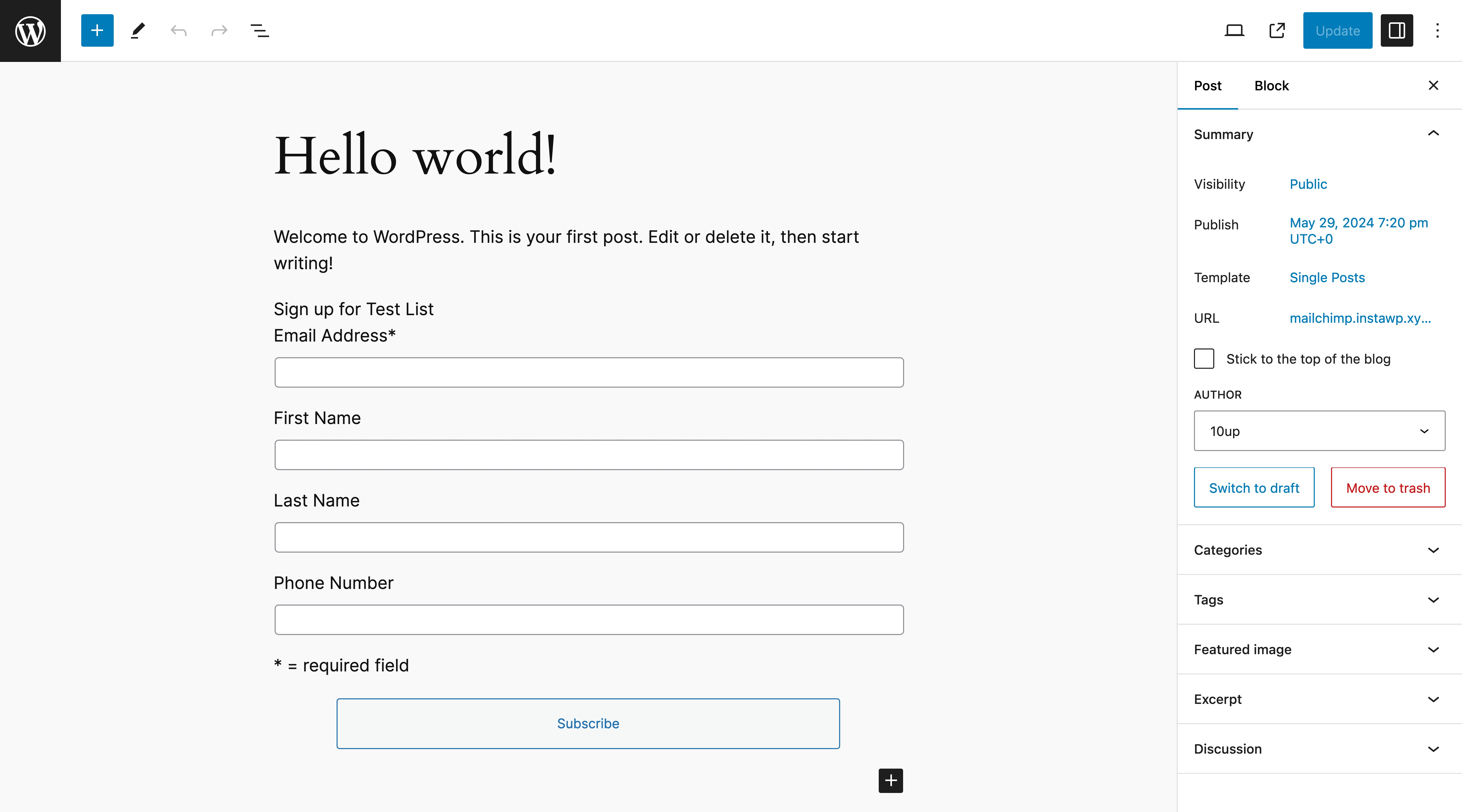Mailchimp List Subscribe Form block previewing sign up form headers, fields, and button.