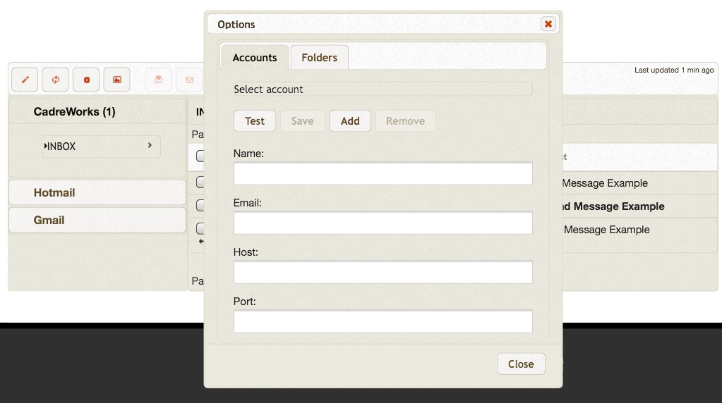 The Options dialog. Add/Edit IMAP accounts and setup Sent, Trash and Drafts folders.
