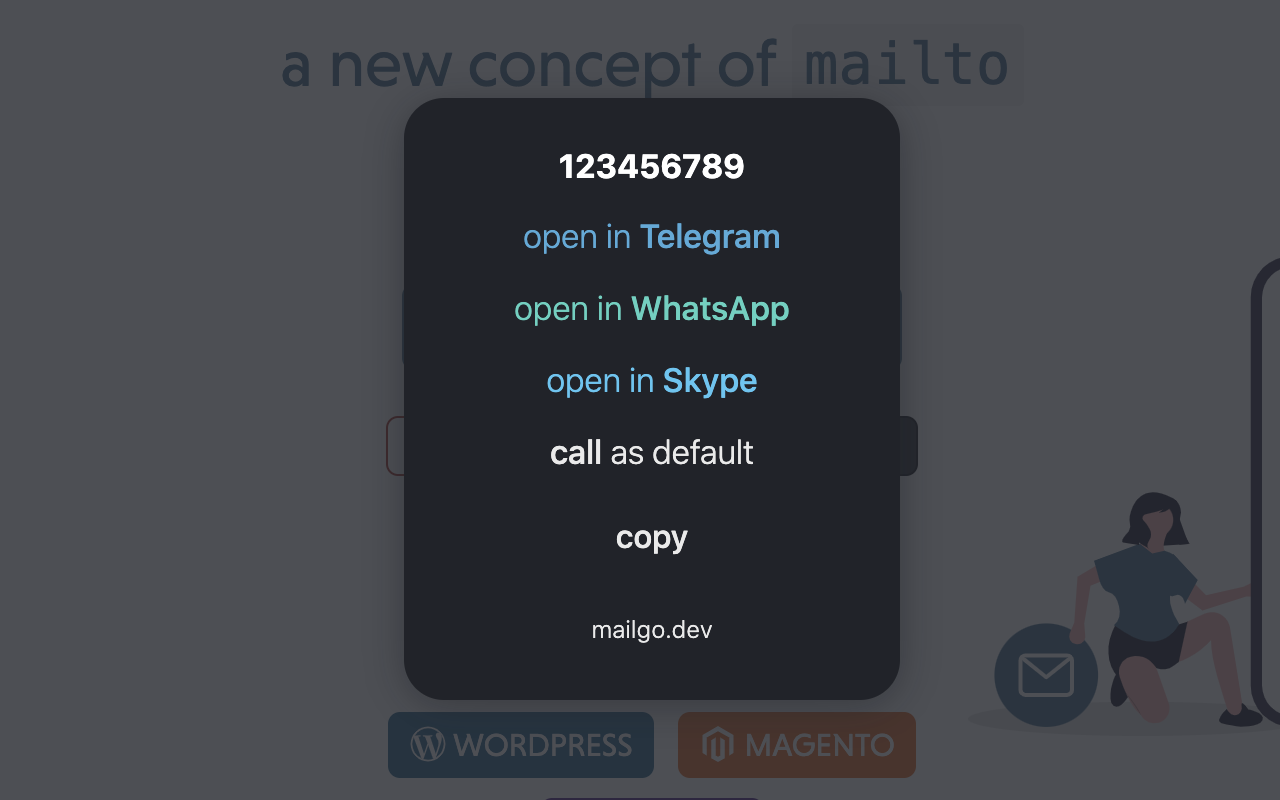 mailgo modal for tel (dark mode)
