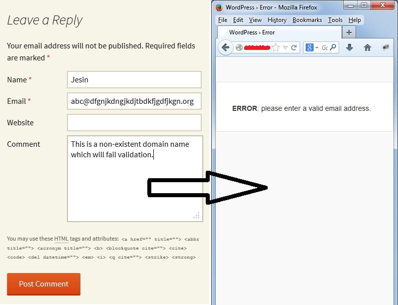 A comment with an incorrect email address.