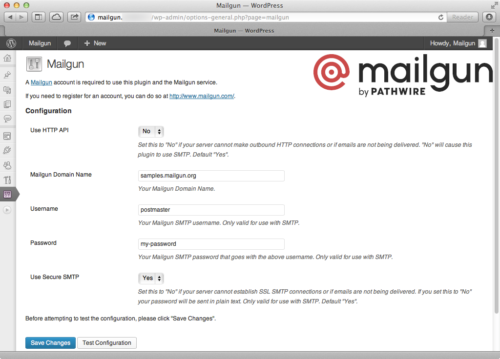 Configuration options for using the Mailgun HTTP API