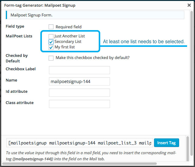 A view of the MailPoet Signup Tag Generator