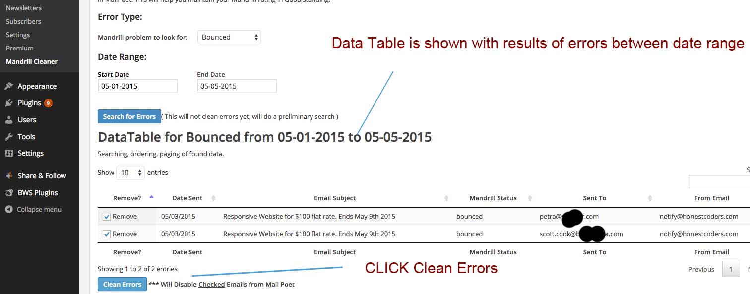 DataTable displays list of errors.