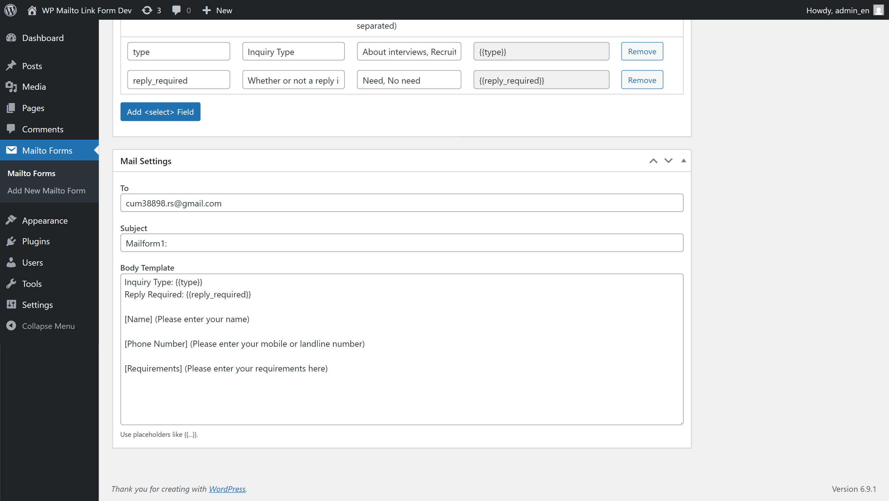 Placeholder mapping in Body Template.
