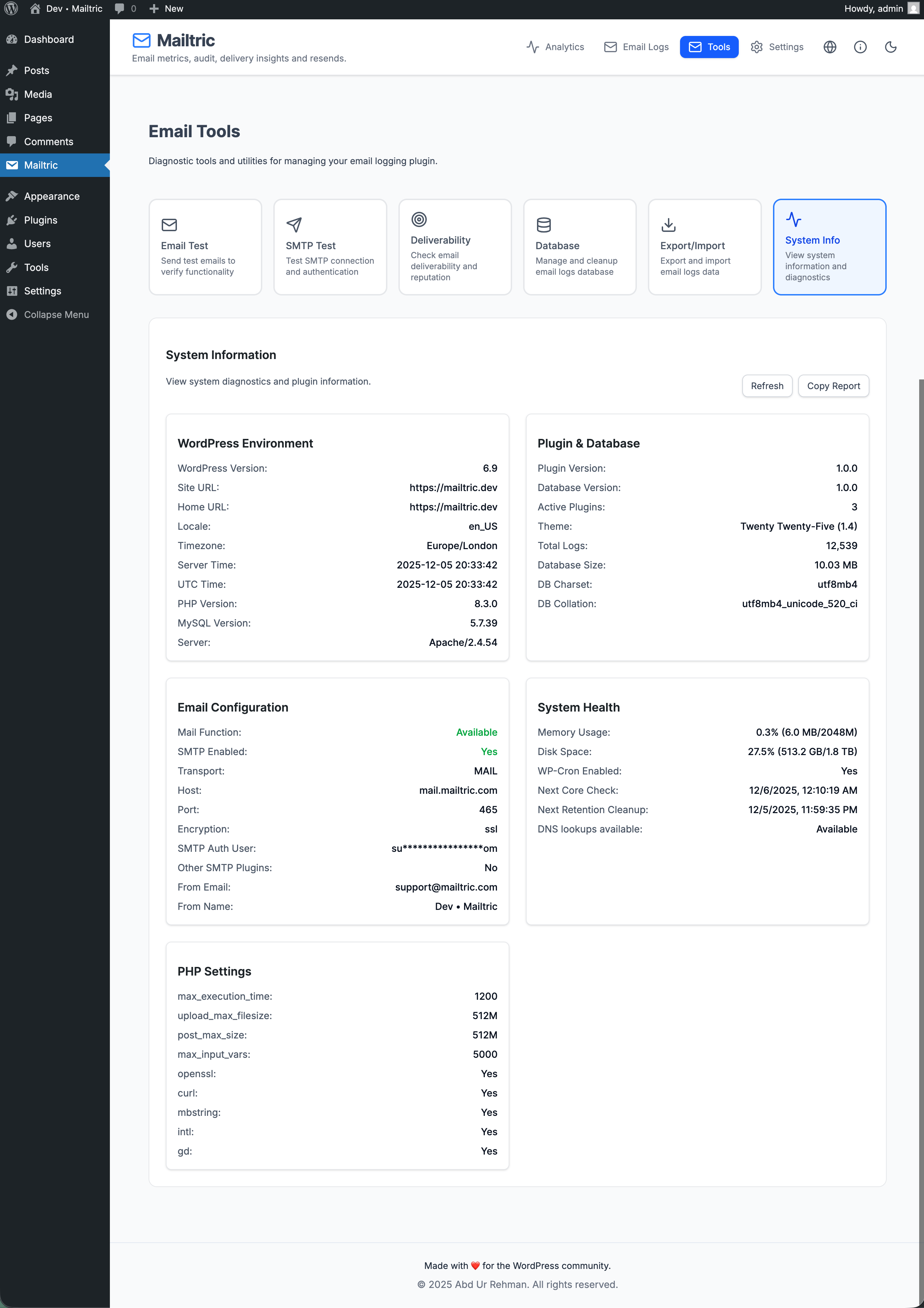 **Dashboard with bar stats** – overview cards and bar charts of recent email activity and send outcomes.