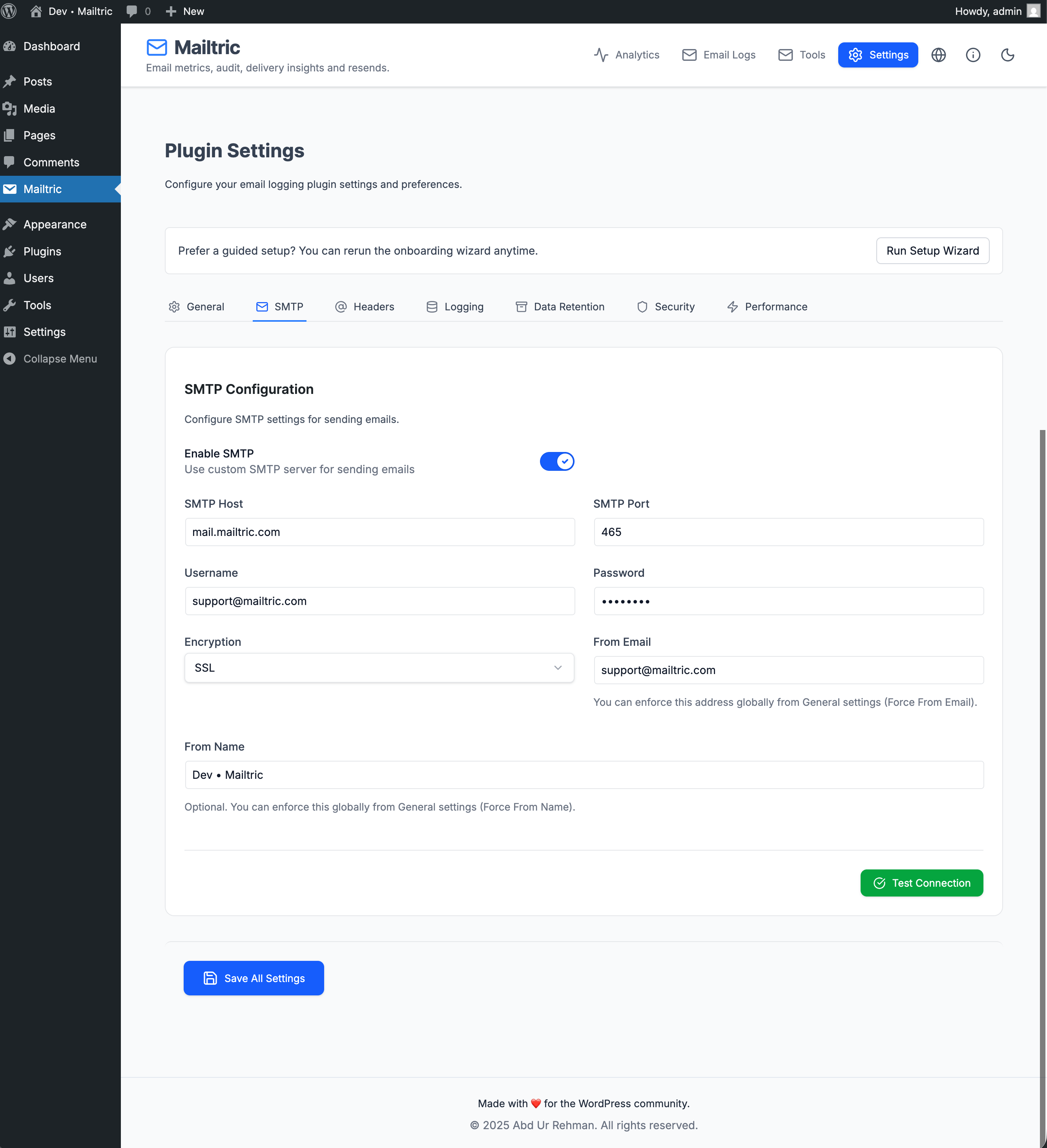 **Email logs & resend** – searchable list of outgoing emails with subject, recipient, status, send time, and one‑click resend.